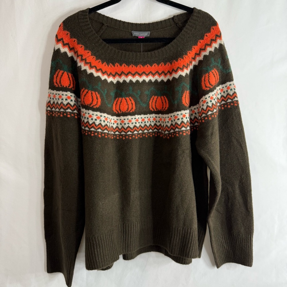 NWT Vince Camuto Brown Pumpkin Fall Fair Isle Crew Neck Sweater, size XL - Picture 2 of 8